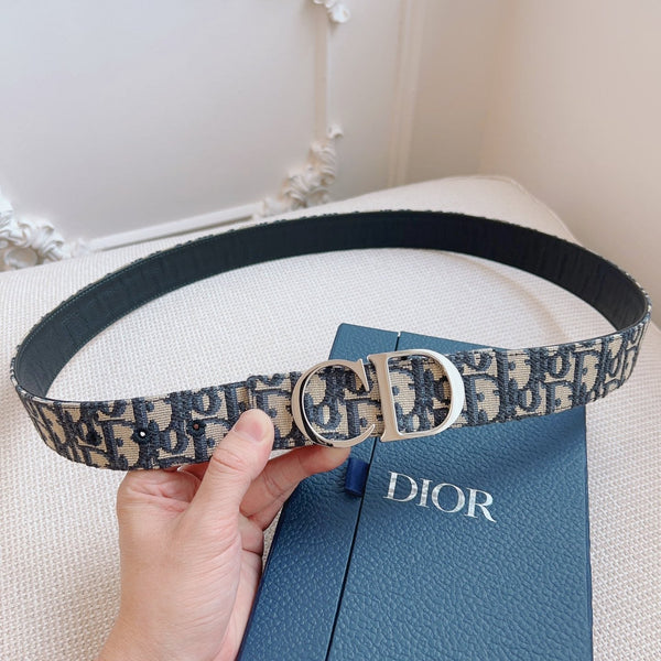 CD Belt 35mm Black Beige Canvas Black Calfskin Silver Logo Buckle