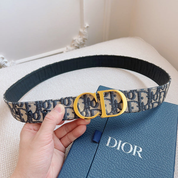 CD Belt 35mm Black Beige Canvas Black Calfskin Gold Buckle