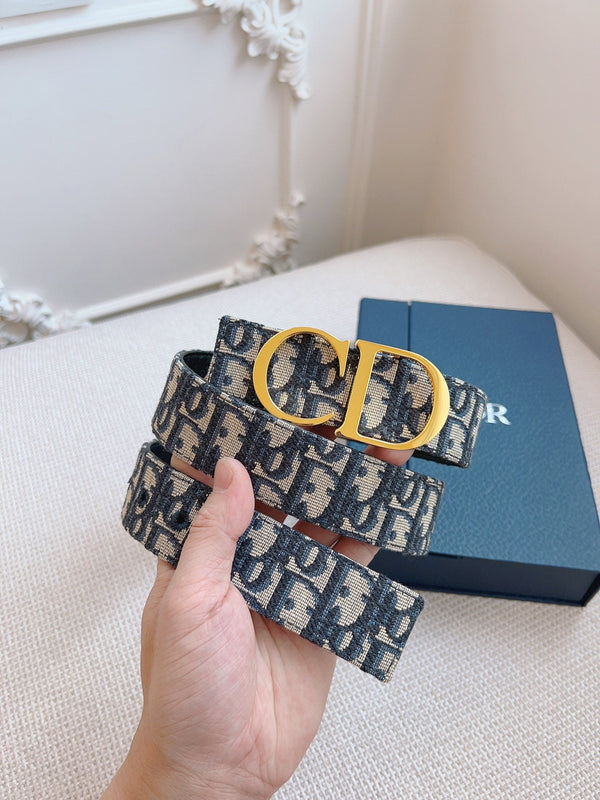 CD Belt 35mm Black Beige Canvas Black Calfskin Gold Buckle