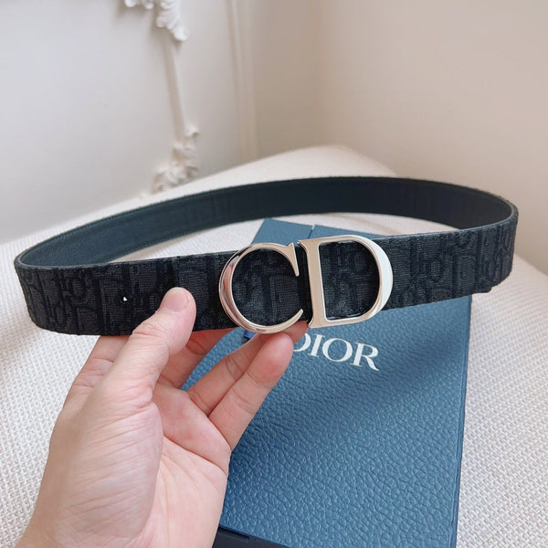 CD Belt 35mm Black Canvas Calfskin Silver Logo Buckle