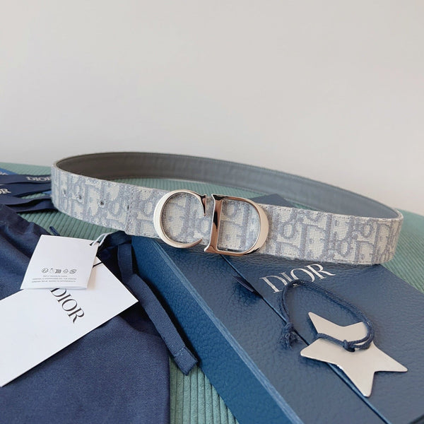 CD Belt 35mm Milkshake White Canvas Gray Calfskin Silver Buckle