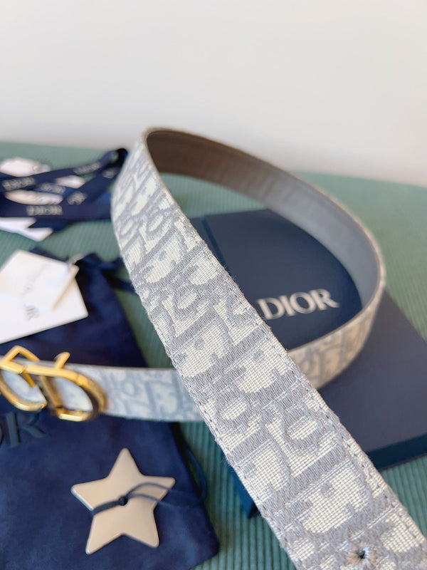 CD Belt 35mm Milkshake White Canvas Gray Calfskin Gold Buckle