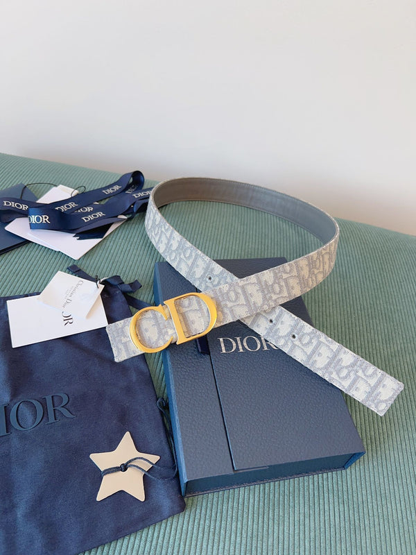 CD Belt 35mm Milkshake White Canvas Gray Calfskin Gold Buckle