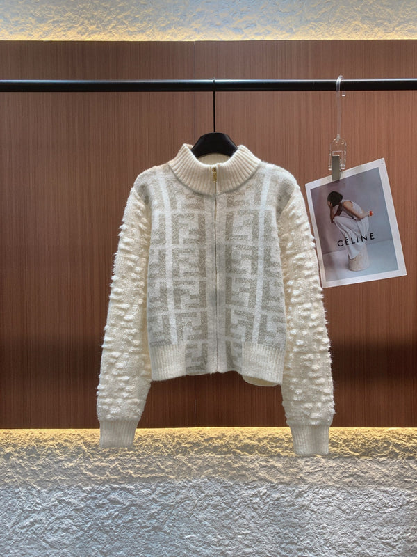 Fendi 25FW Knited Wool Jacquard Cream Cardigan