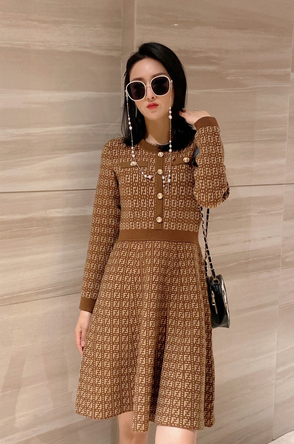 Fendi FF Logo Long Sleeve Jacquard Brown Fabric Wool Dress