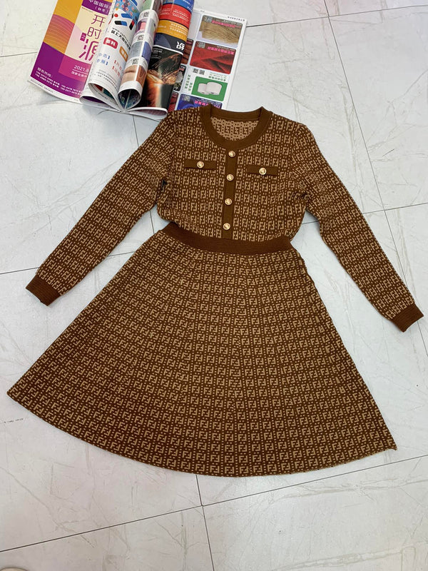 Fendi FF Logo Long Sleeve Jacquard Brown Fabric Wool Dress