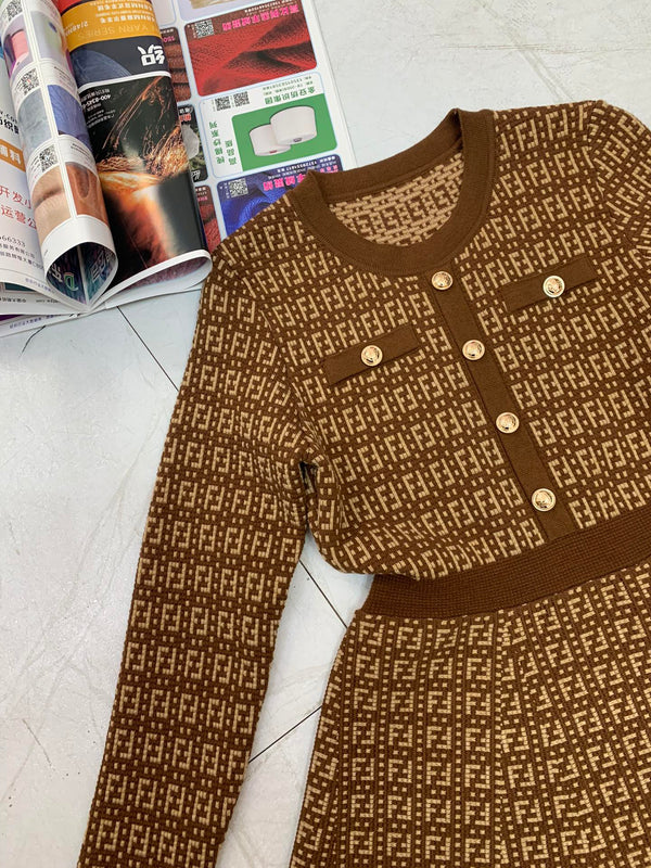 Fendi FF Logo Long Sleeve Jacquard Brown Fabric Wool Dress