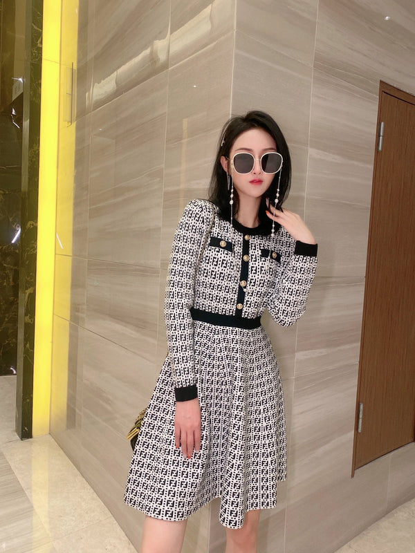 Fendi FF Logo Long Sleeve Jacquard Button Black White Fabric Wool Dress