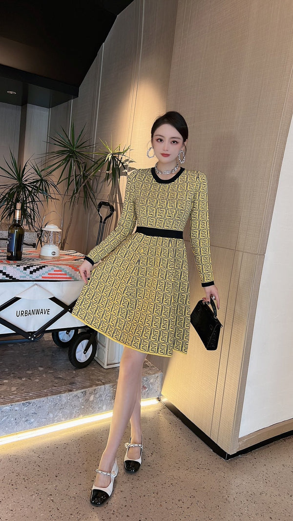 Fendi FF Logo Long Sleeve Jacquard Round Collar Yellow Fabric Dress