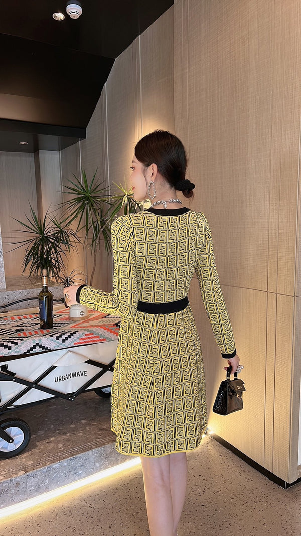 Fendi FF Logo Long Sleeve Jacquard Round Collar Yellow Fabric Dress