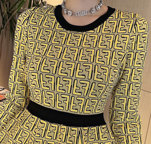 Fendi FF Logo Long Sleeve Jacquard Round Collar Yellow Fabric Dress