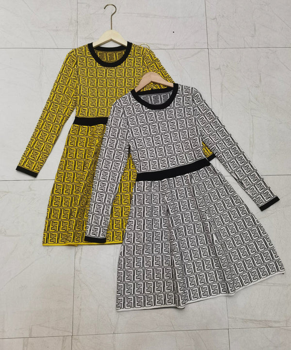 Fendi FF Logo Long Sleeve Jacquard Round Collar Yellow Fabric Dress