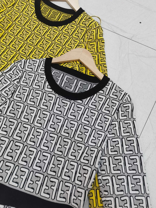 Fendi FF Logo Long Sleeve Jacquard Round Collar Yellow Fabric Dress