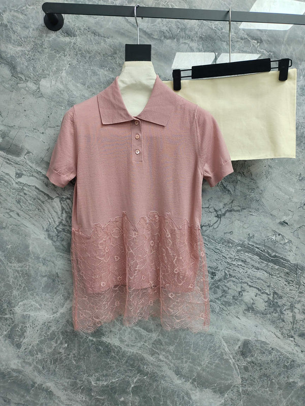 Fendi 25SS Polo Collar Lace Hem Soft Pink Cashmere Shirt