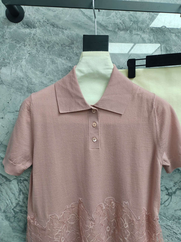 Fendi 25SS Polo Collar Lace Hem Soft Pink Cashmere Shirt