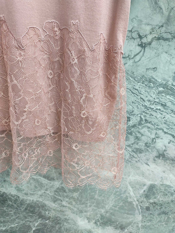 Fendi 25SS Polo Collar Lace Hem Soft Pink Cashmere Shirt