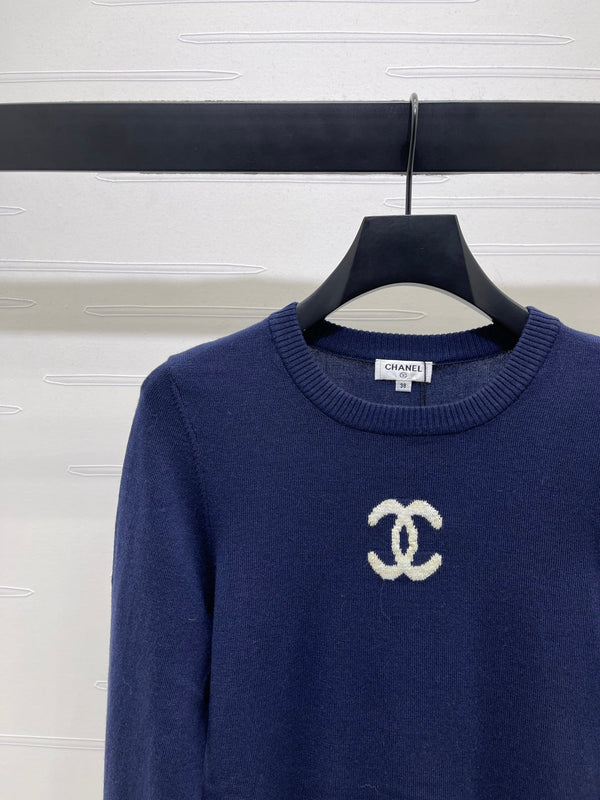 CC 25 Jacquard Double C Logo Pullover Sweater Blue Wool Cashmere