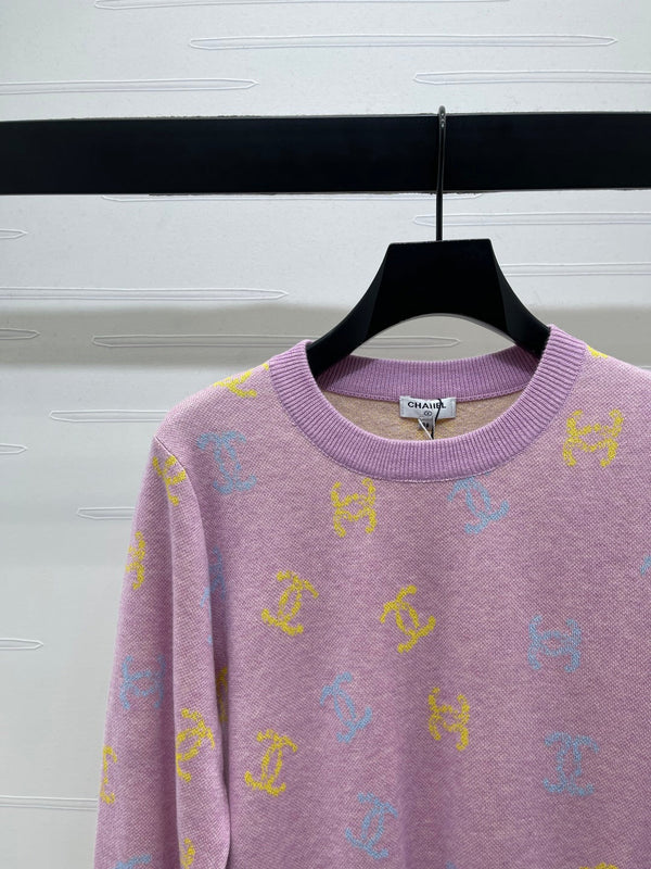 CC 25 Jacquard Long-Sleeved Pullover Sweater Pink Wool