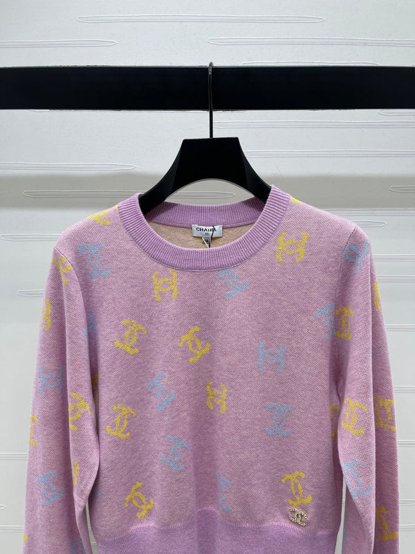 CC 25 Jacquard Long-Sleeved Pullover Sweater Pink Wool