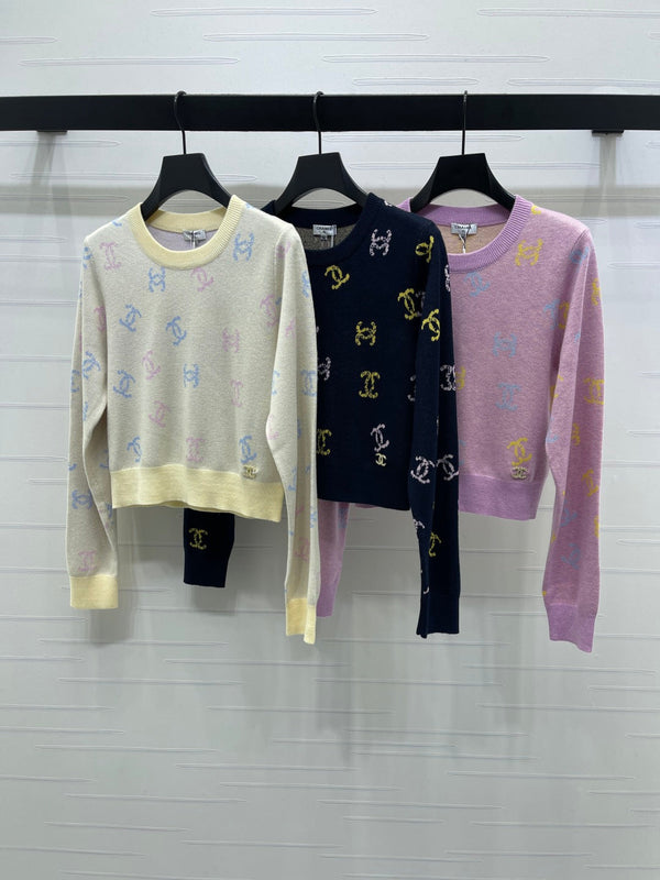 CC 25 Jacquard Long-Sleeved Pullover Sweater Yellow Wool