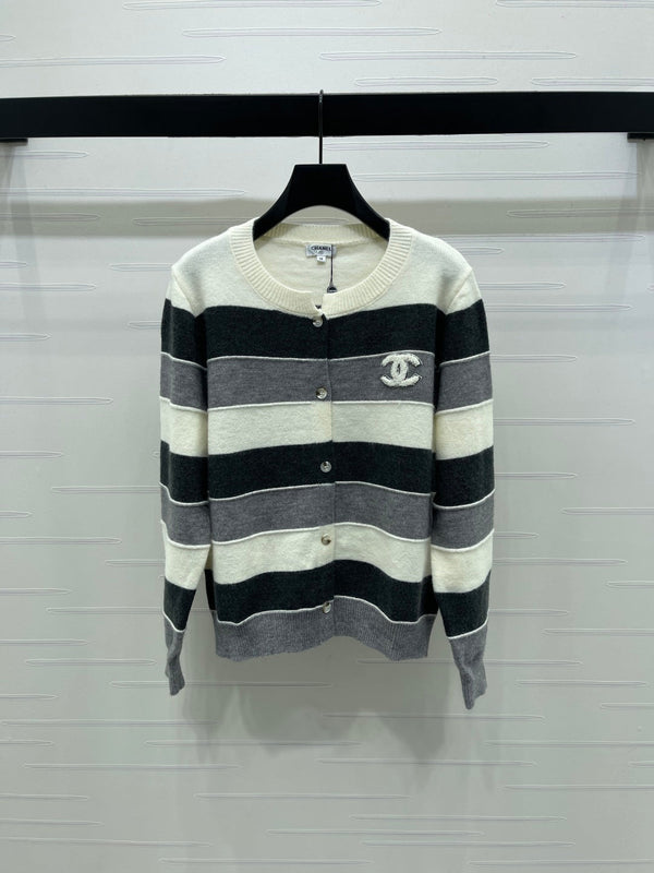 CC 25 Round-Neck Knitted Wool Cashmere Striped Cardigan