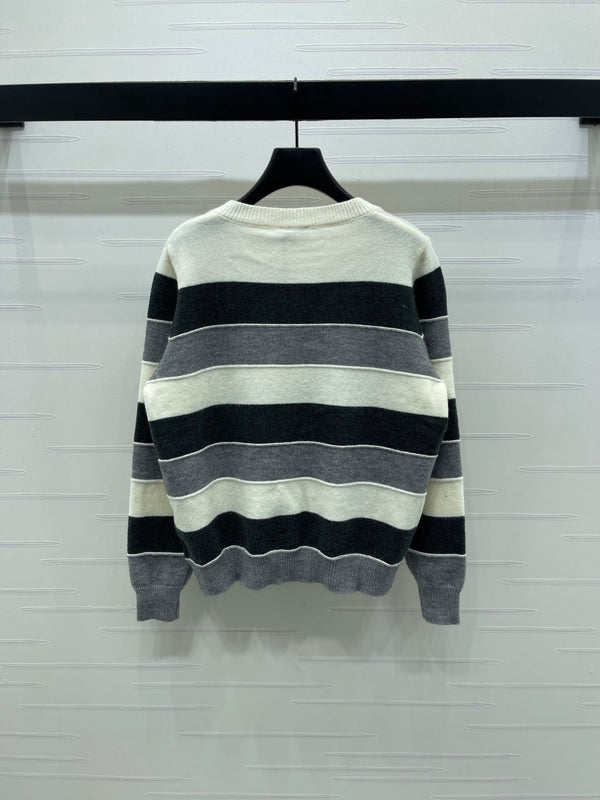 CC 25 Round-Neck Knitted Wool Cashmere Striped Cardigan