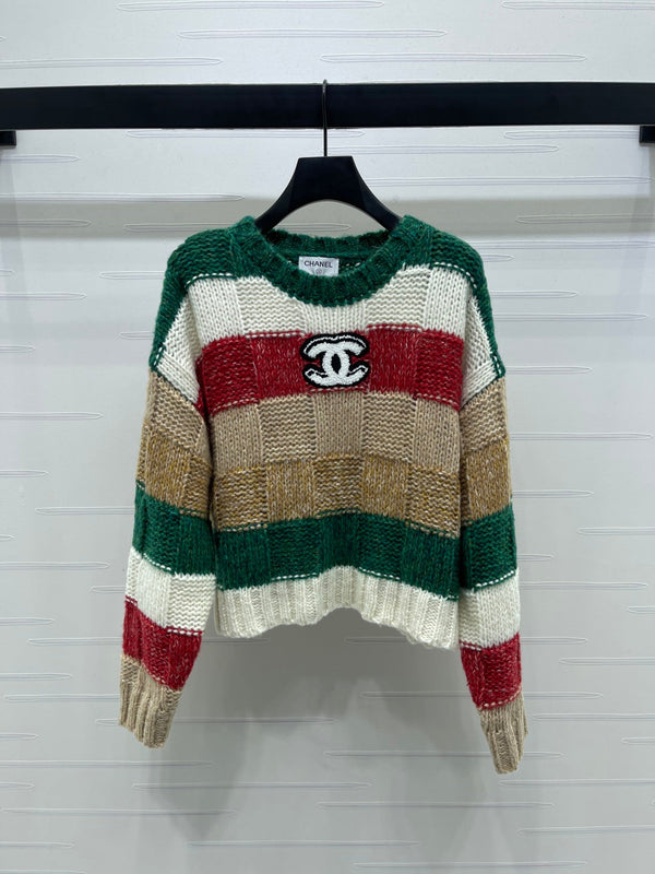 CC 25 Striped Long-Sleeved Pullover Sweater Green Wool
