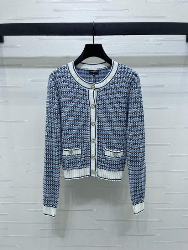 CC 25 Round Neck Knitted Wool Long-Sleeved Blue Cardigan