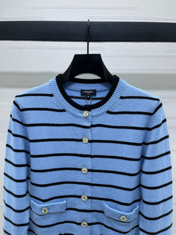 CC 25 Round Neck Striped Knitted Wool Blue Cardigan