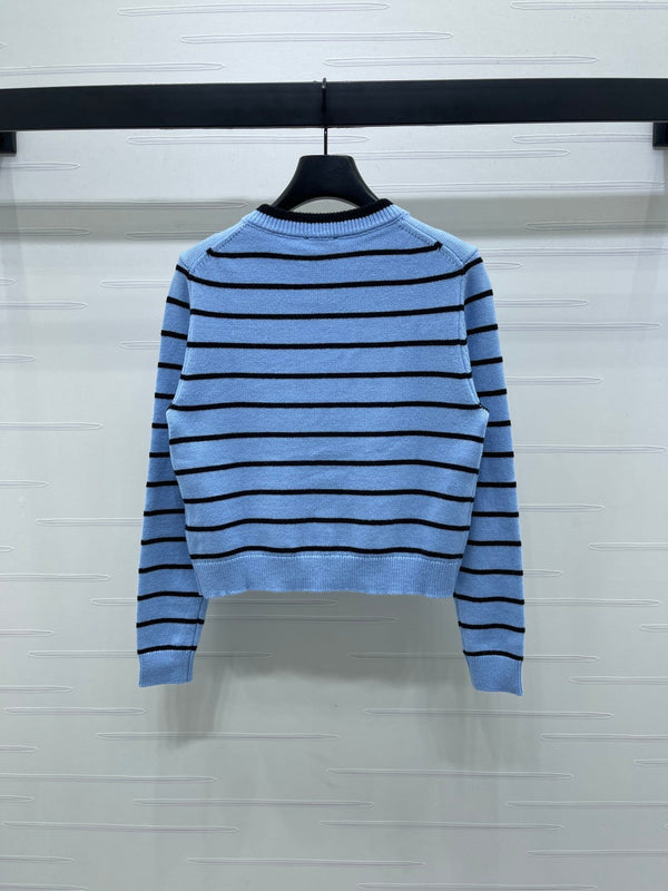 CC 25 Round Neck Striped Knitted Wool Blue Cardigan