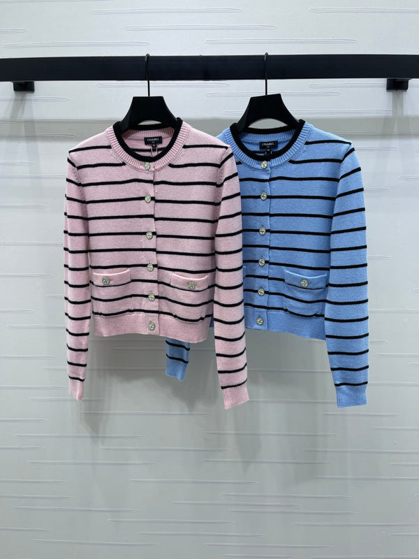 CC 25 Round Neck Striped Knitted Wool Pink Cardigan