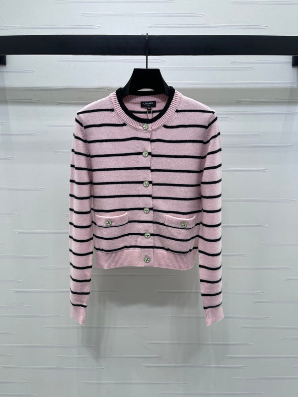 CC 25 Round Neck Striped Knitted Wool Pink Cardigan