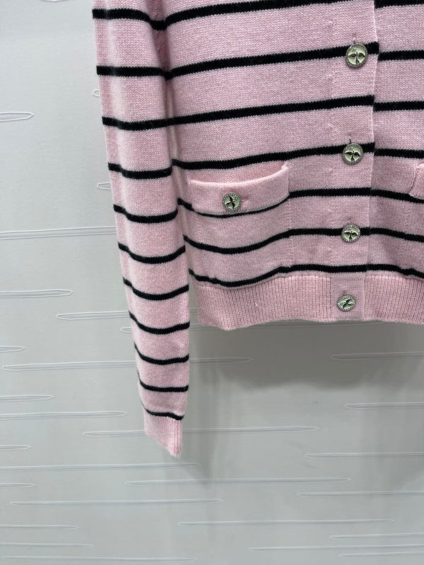 CC 25 Round Neck Striped Knitted Wool Pink Cardigan