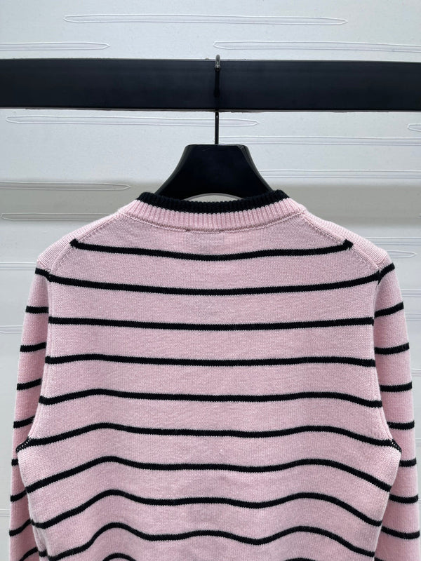 CC 25 Round Neck Striped Knitted Wool Pink Cardigan