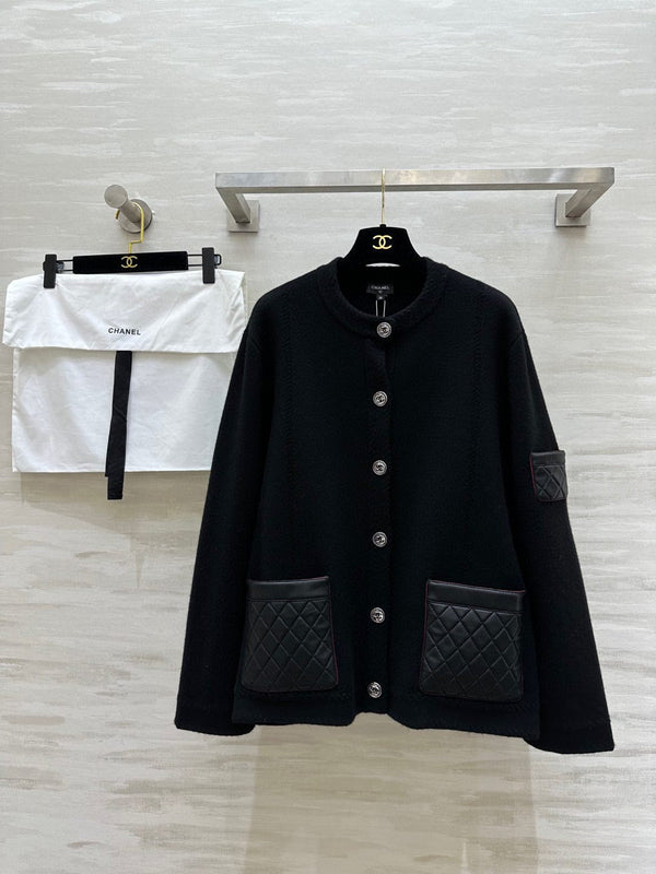 CC 24B Knitted Cashmere and Leather Black Cardigan