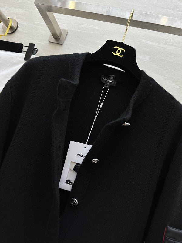 CC 24B Knitted Cashmere and Leather Black Cardigan