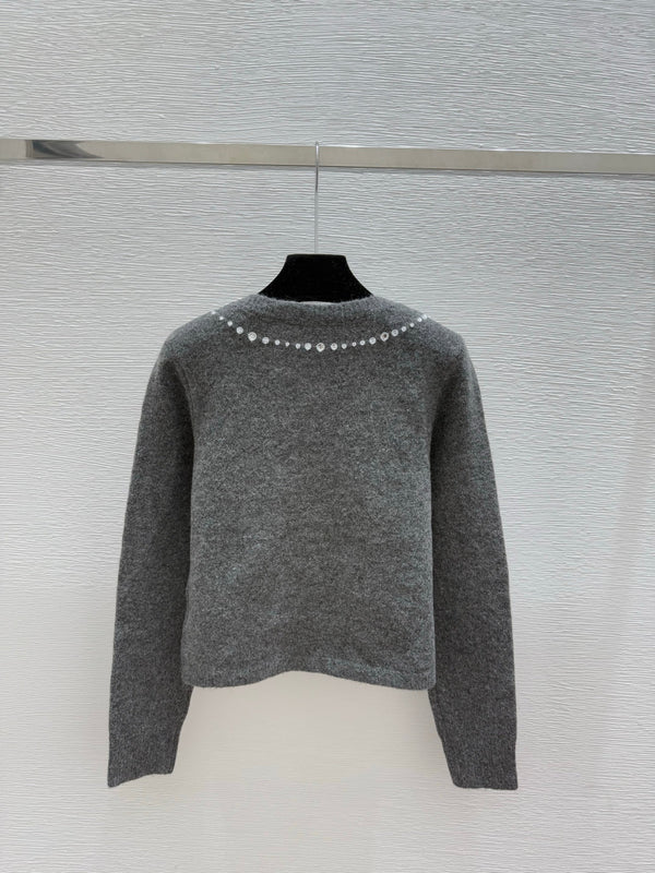 CC 25F Heavy Bow Beaded Round Neck Knit Wool Cashmere Long-Sleeved Cardigan