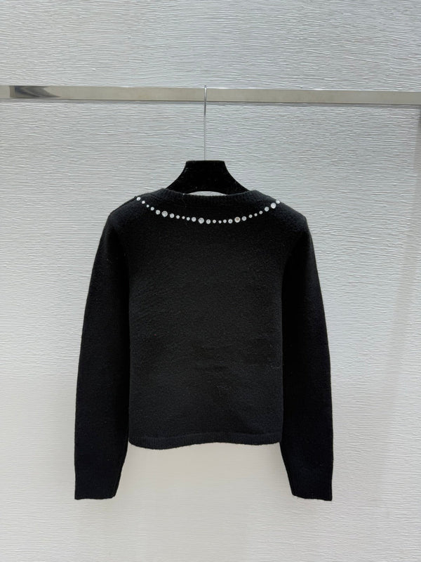 CC 25F Heavy Bow Beaded Round Neck Knit Wool Cashmere Long-Sleeved Cardigan