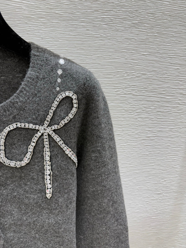 CC 25F Heavy Bow Beaded Round Neck Knit Wool Cashmere Long-Sleeved Cardigan