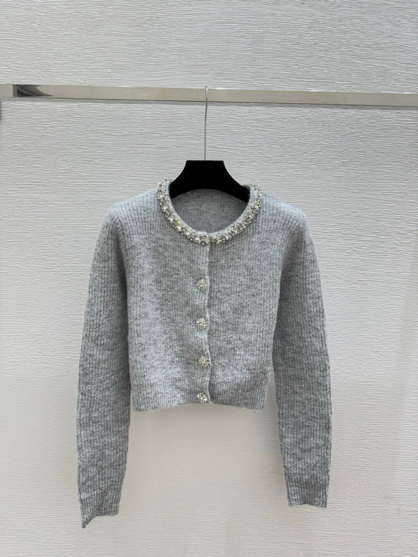 CC 25F Heavy Beaded CrewNeck Knit Wool Long-Sleeved Cardigan