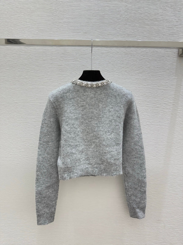 CC 25F Heavy Beaded CrewNeck Knit Wool Long-Sleeved Cardigan