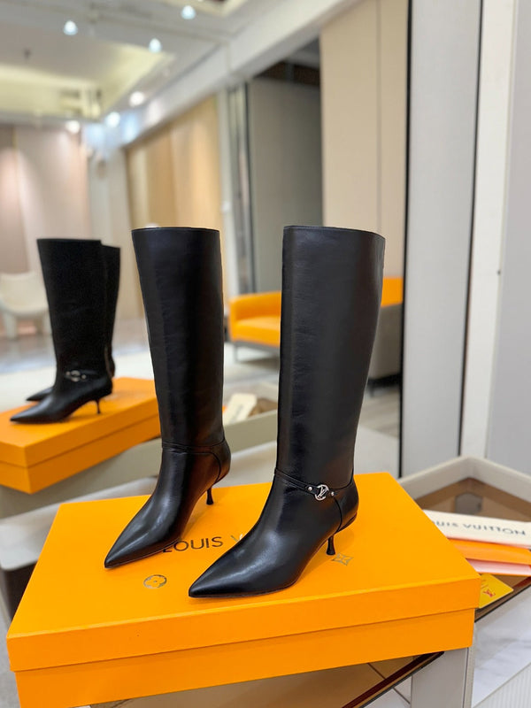 LV 6AM High Boots 55mm Heel Black Calfskin 504805
