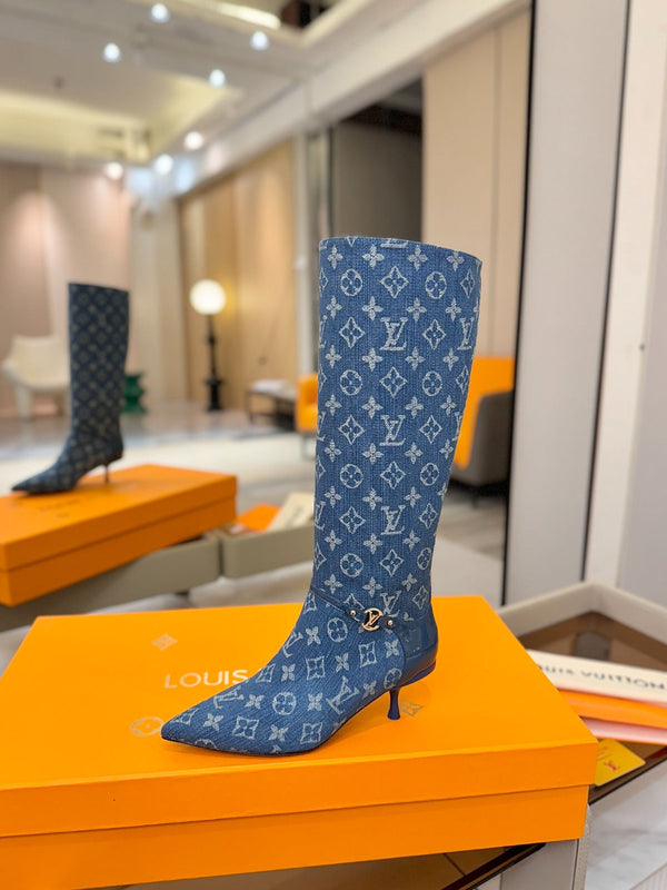 LV 6AM High Boots 55mm Heel Blue Denim 504802
