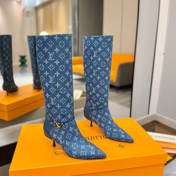 LV 6AM High Boots 55mm Heel Blue Denim 504802