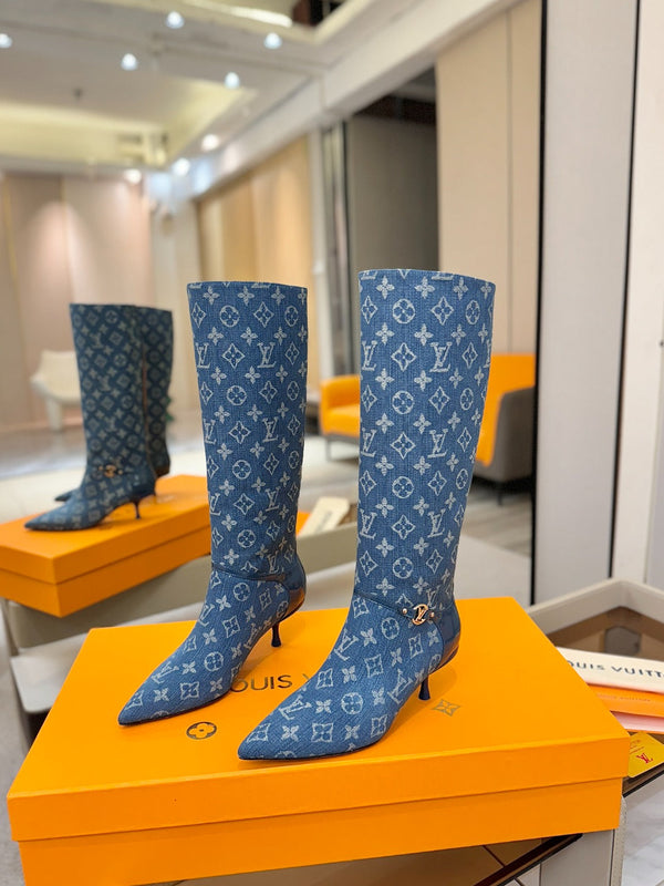 LV 6AM High Boots 55mm Heel Blue Denim 504802
