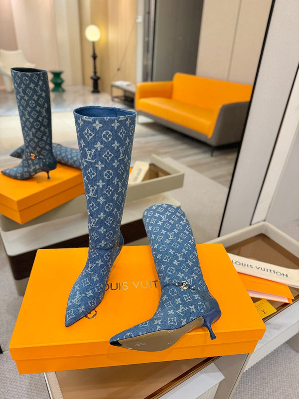 LV 6AM High Boots 55mm Heel Blue Denim 504802