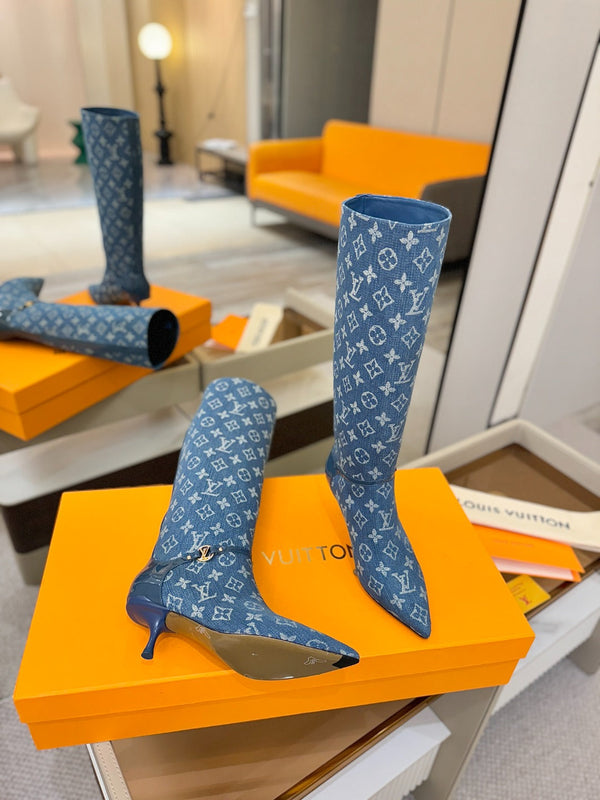 LV 6AM High Boots 55mm Heel Blue Denim 504802