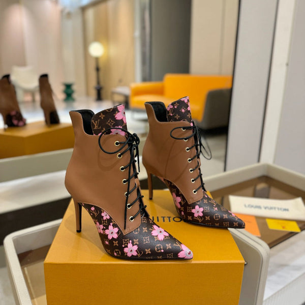 LV Ankle Boot 90mm Borwn Calfskin Mix Cherry Blossom Monogram 504800