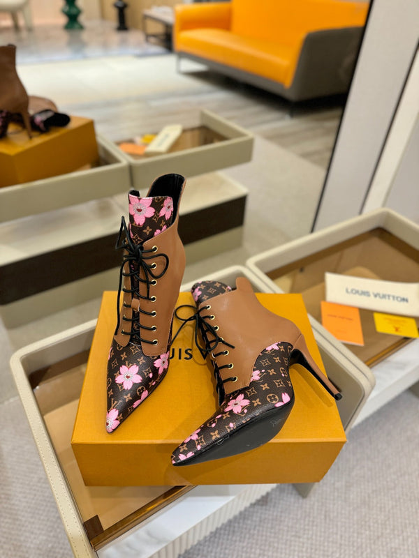 LV Ankle Boot 90mm Borwn Calfskin Mix Cherry Blossom Monogram 504800