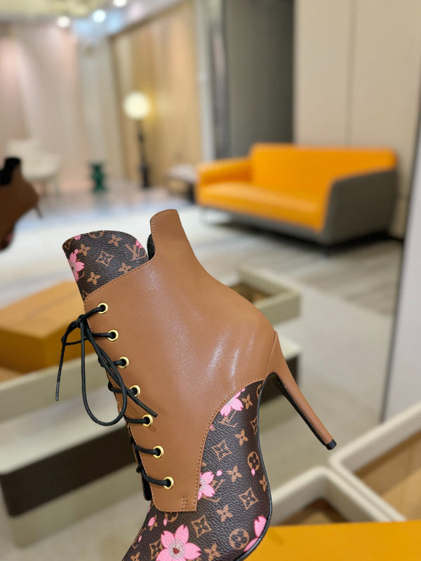 LV Ankle Boot 90mm Borwn Calfskin Mix Cherry Blossom Monogram 504800